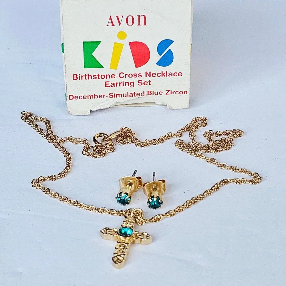 Vintage 1994 Avon Kids‎ Cross Necklace Earring Set Blue Zircon Birthstone Gold